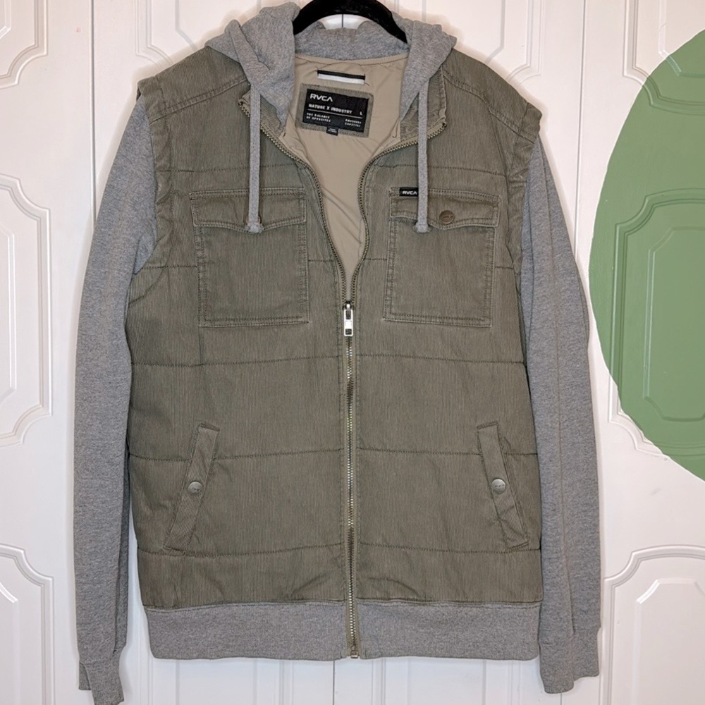 Mens L RVCA green corduroy jacket with grey hood and sleeves